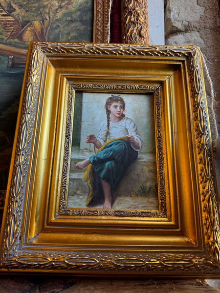 0125 Vintage Oil on Board Painting of Young Girl