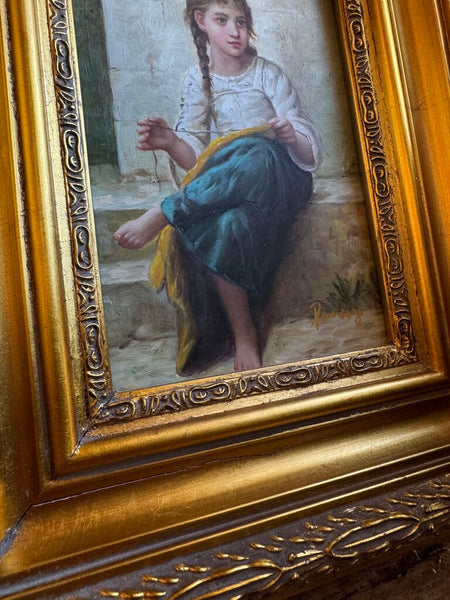 0125 Vintage Oil on Board Painting of Young Girl