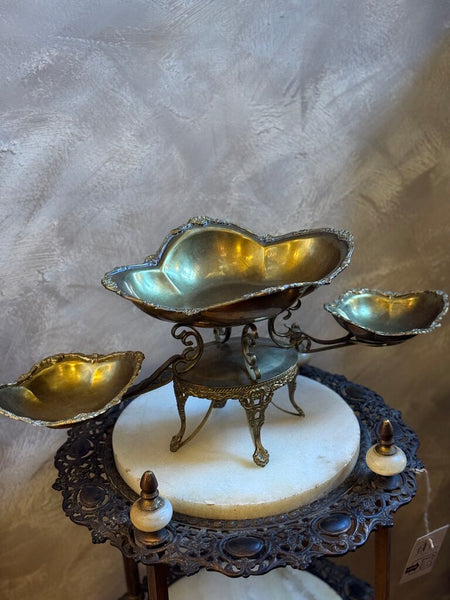 0029 Ornate Brass Tiered Serving Dish w/ 3 bowls