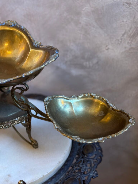 0029 Ornate Brass Tiered Serving Dish w/ 3 bowls