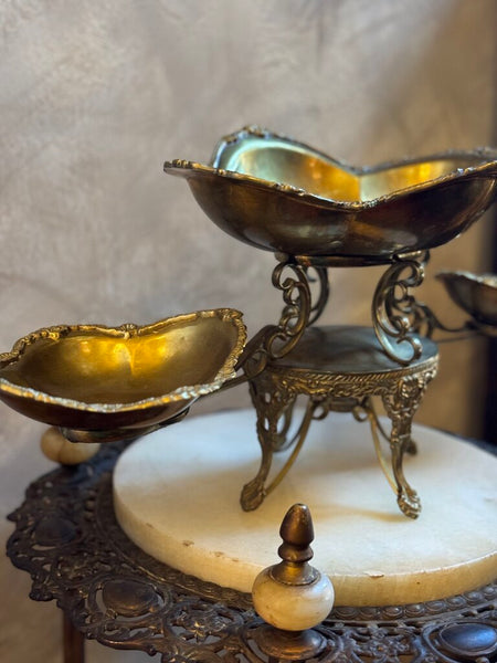 0029 Ornate Brass Tiered Serving Dish w/ 3 bowls