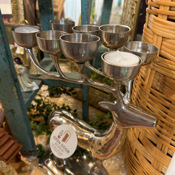 Silver toned deer candle holder