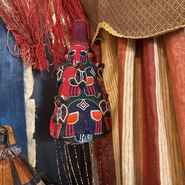 African Yoruba hat hand beaded face motif
