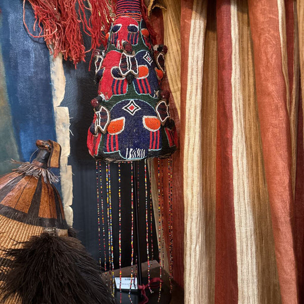 African Yoruba hat hand beaded face motif