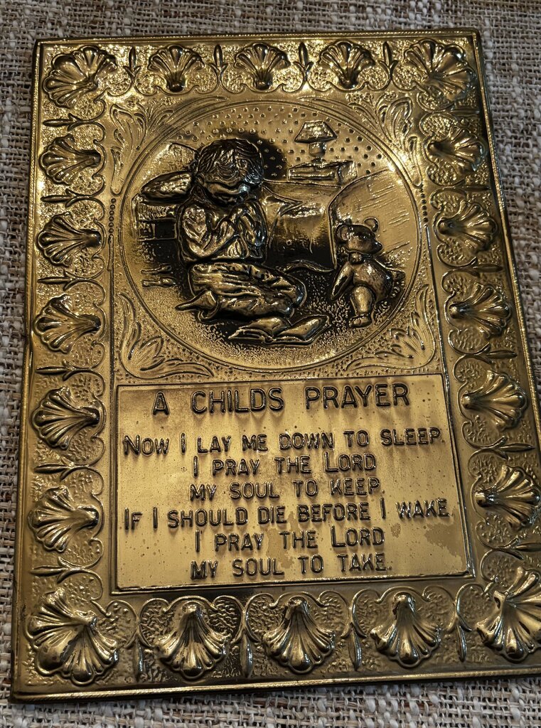 Vintage "A Childs Prayer" Embossed Brass Hanging Wall Plaque 8x11England