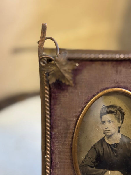 0592 Antique handmade brass frame w/ purple velvet