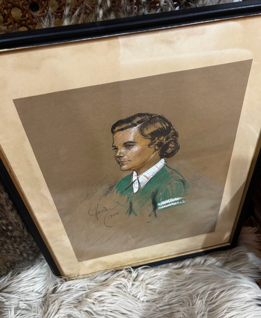 Framed Signed Drawing of Girl in Green Dress 1950