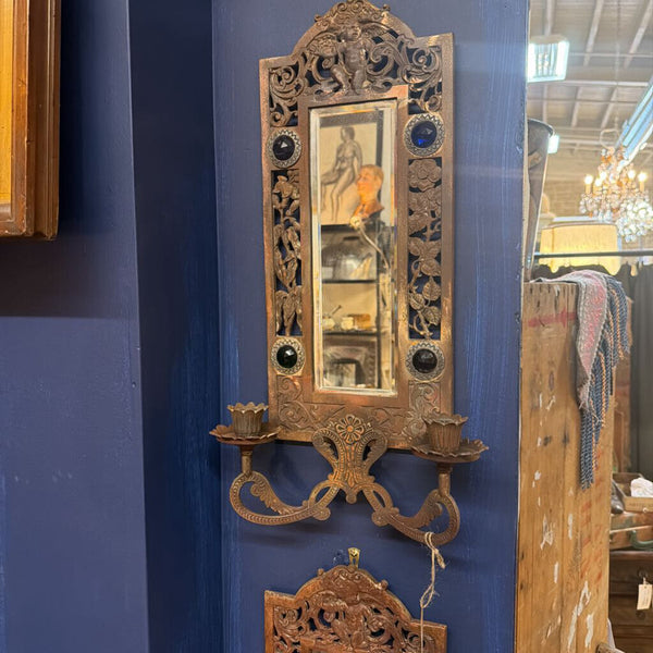 Pair of Art Nouveau copper and cast iron wall sconces with glass gems
