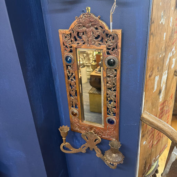 Pair of Art Nouveau copper and cast iron wall sconces with glass gems