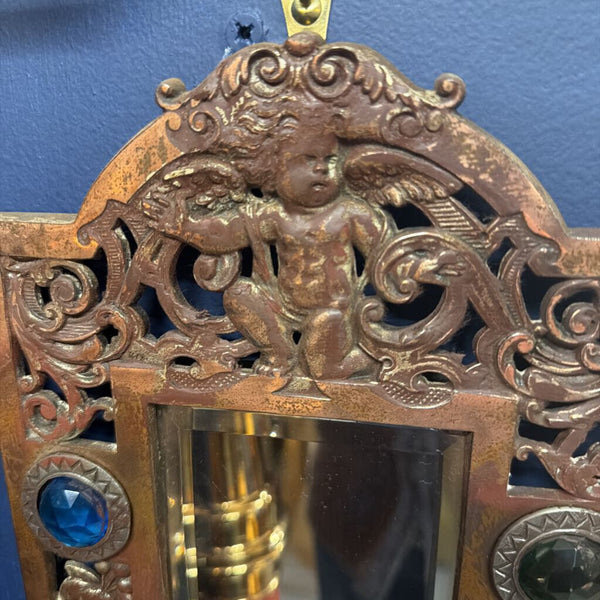 Pair of Art Nouveau copper and cast iron wall sconces with glass gems