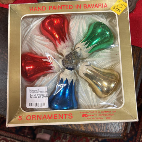 Box of 5 Vintage Bavarian Snow Covered Bell Ornaments