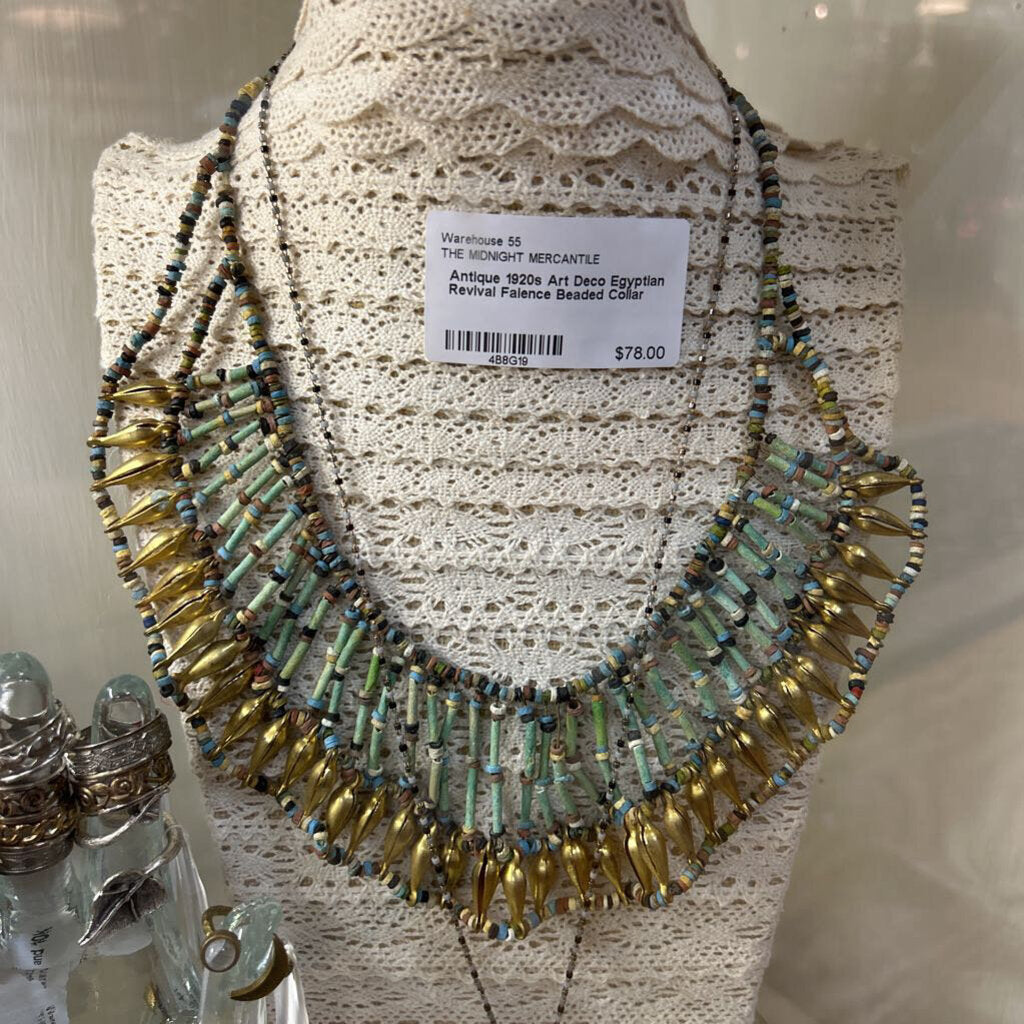 Antique 1920s Art Deco Egyptian Revival Faience Beaded Collar