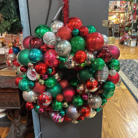 Red and Green Handmade Vintage Ornament Wreath (Glass, In Store Pickup Only)