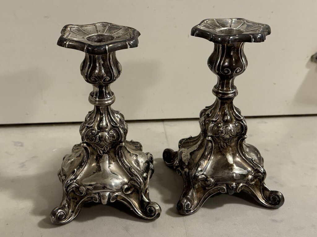 Sweden weighted sterling rococo style 6" tall 3.5" wide at base (pair) three crowns and "s" hallmark