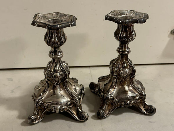 Sweden weighted sterling rococo style 6" tall 3.5" wide at base (pair) three crowns and "s" hallmark