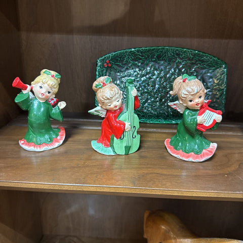 Set of Three Ceramic Angels Playing Instruments As Found H3136