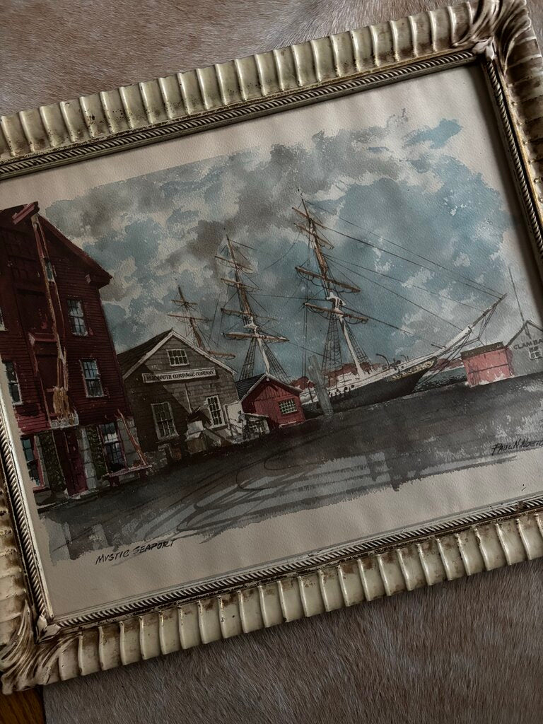 Vtg Framed Seascape Print: Mystic Connecticut Seaport by Paul N. Norton 20x23