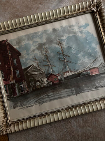 Vtg Framed Seascape Print: Mystic Connecticut Seaport by Paul N. Norton 20x23