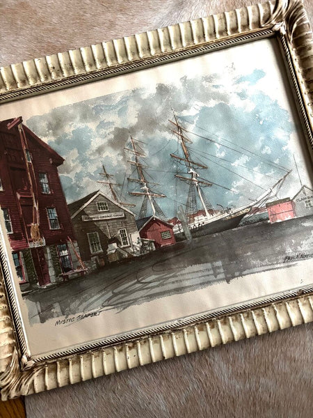 Vtg Framed Seascape Print: Mystic Connecticut Seaport by Paul N. Norton 20x23