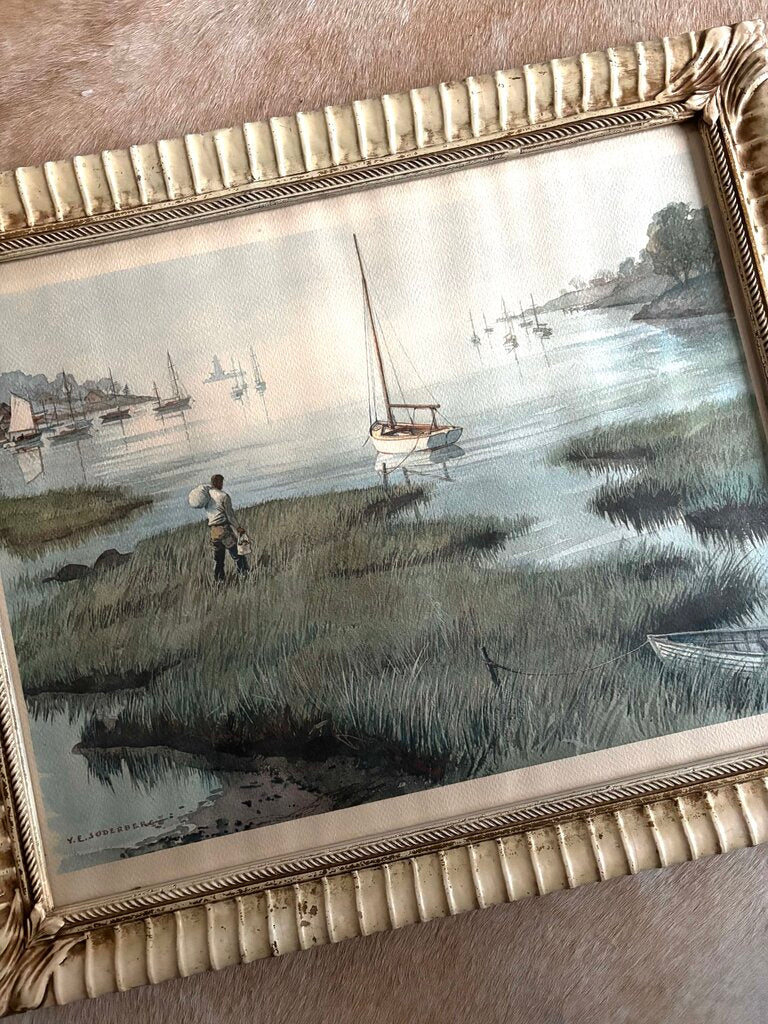 Vtg Framed Seascape Print: Mystic CT By YL Jodlesser 20x23