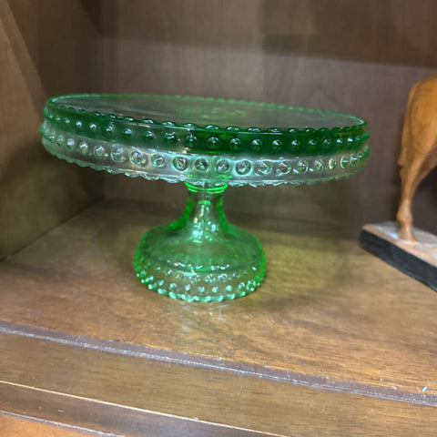Green Hobnail L.E. Smith Glass Pedestal Cake Stand (9" round, 5" tall) W1969