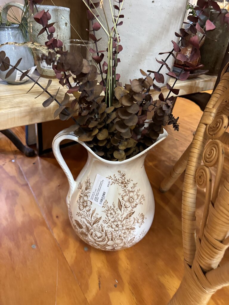 Large Royal Crown ironstone pitcher brown transferware with greens