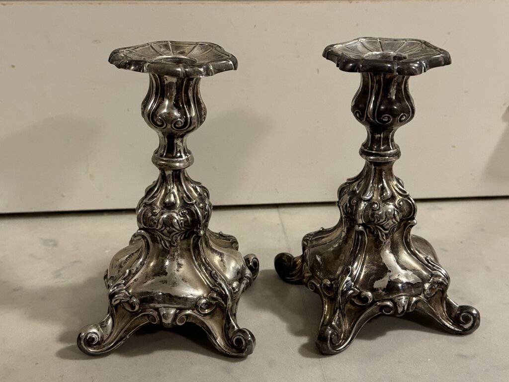 Sweden sterling Silver weighted rococo style candle holders 6.5" x 4" pair