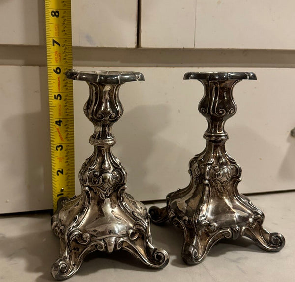 Sweden sterling Silver weighted rococo style candle holders 6.5" x 4" pair