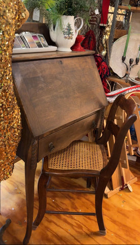 Drop front vintage desk as found with hand caned chair