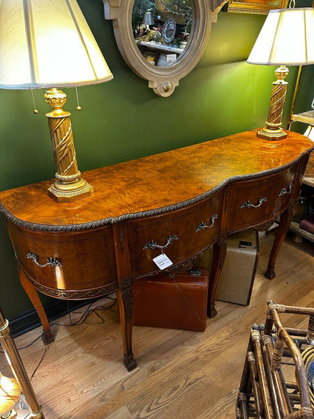ANTIQUE BURLED WOOD QUEEN ANNE BUFFET, 68"W x 38"H x 21"D. IN STORE PICKUP