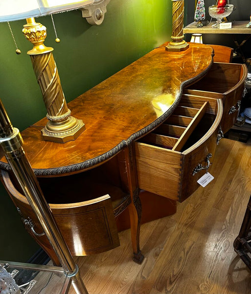 ANTIQUE BURLED WOOD QUEEN ANNE BUFFET, 68"W x 38"H x 21"D. IN STORE PICKUP