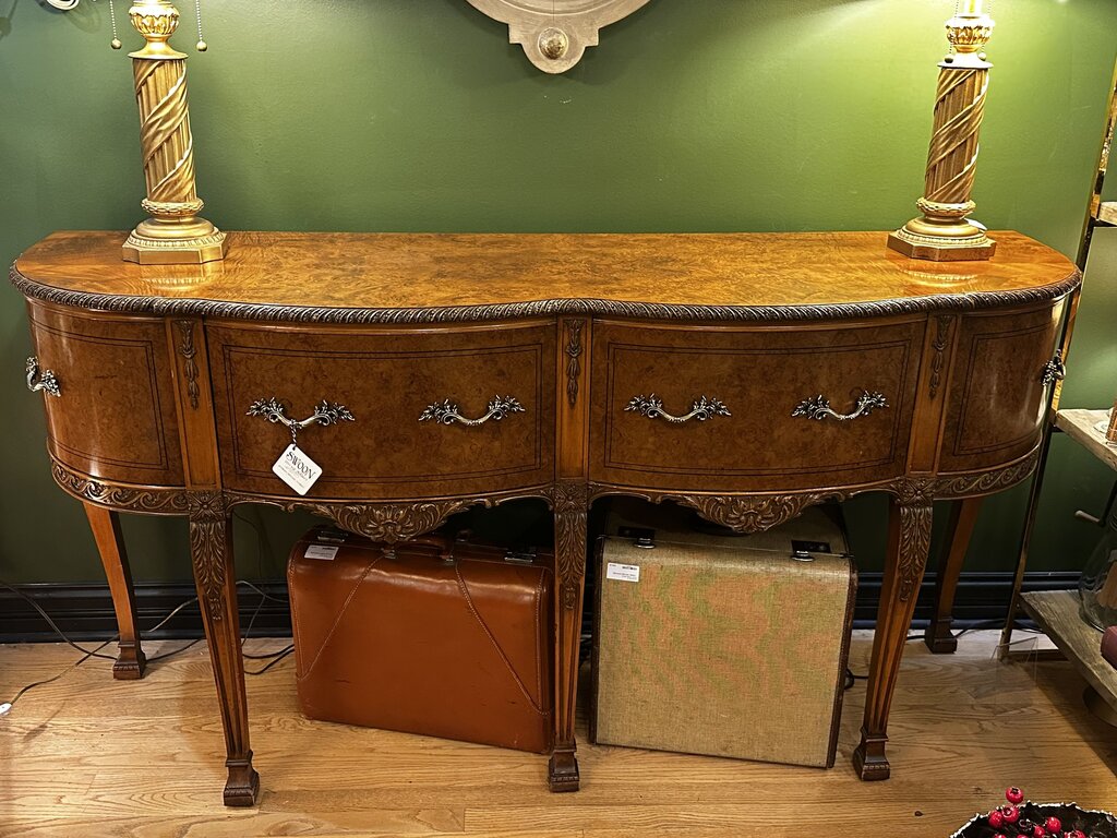 ANTIQUE BURLED WOOD QUEEN ANNE BUFFET, 68"W x 38"H x 21"D. IN STORE PICKUP