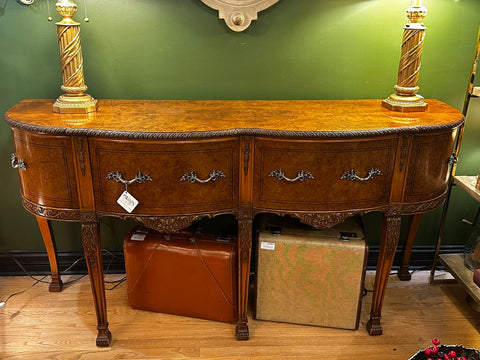 ANTIQUE BURLED WOOD QUEEN ANNE BUFFET, 68"W x 38"H x 21"D. IN STORE PICKUP