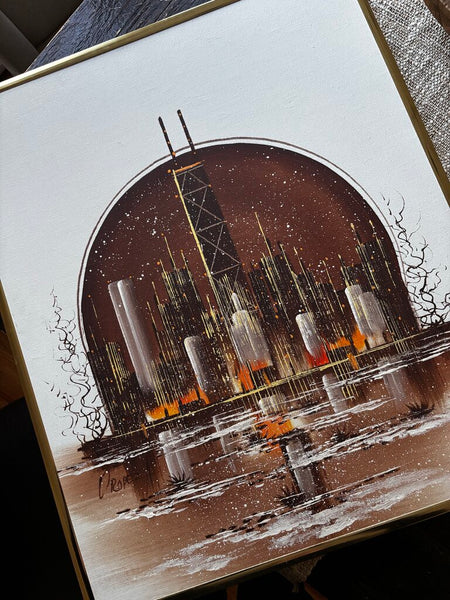 EDUARDO OROPEZA Mid-Century Modern Chicago Skyline Oil on Canvas 24.5 x 20.5