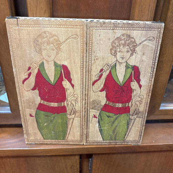 Antique Female Golfer Wooden Box W1784
