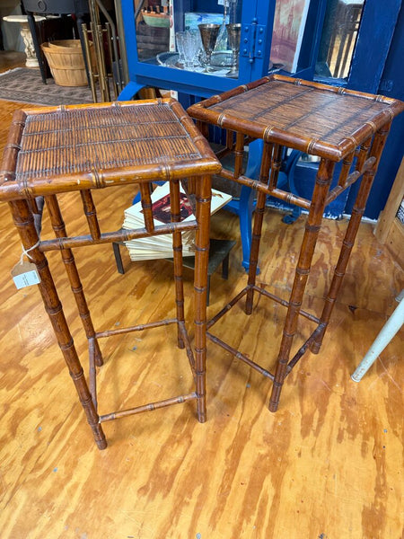 Pair Vintage Coastal Boho Chic Wicker Top & Faux Bamboo Plant Stands (in-store pick up only)