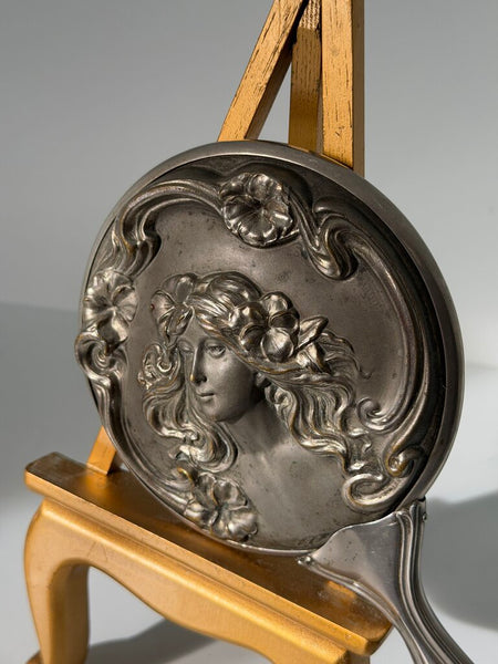 0533 Art Deco Pewter figural woman hand mirror