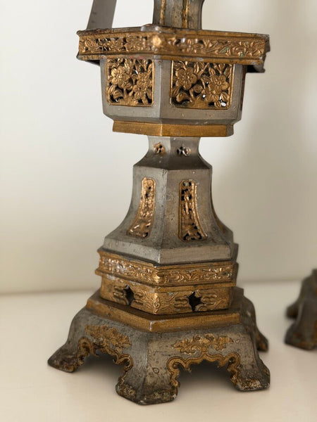0304 19th Century Very Heavy Pewter Chinese Candle Holder Pair