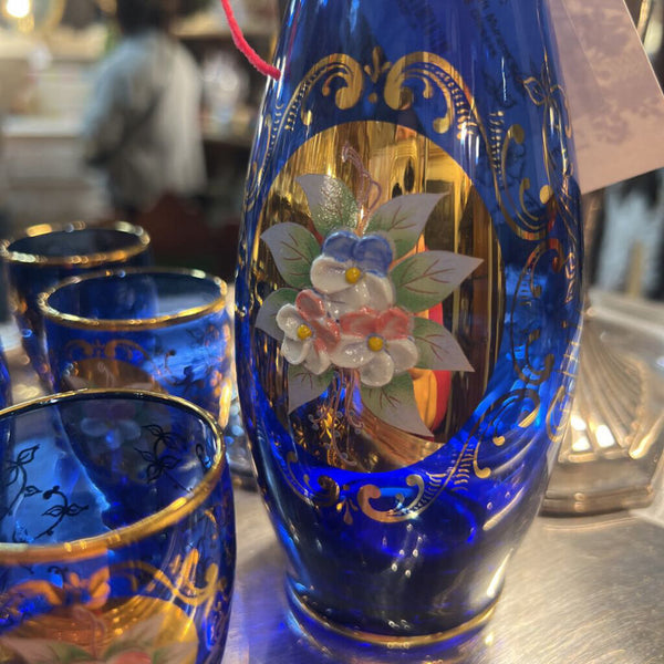 Vintage Cobalt Murano Glass Decanter & 6 Glasses