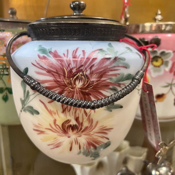 Antique Hand Painted Spider Mums Biscuit Jar