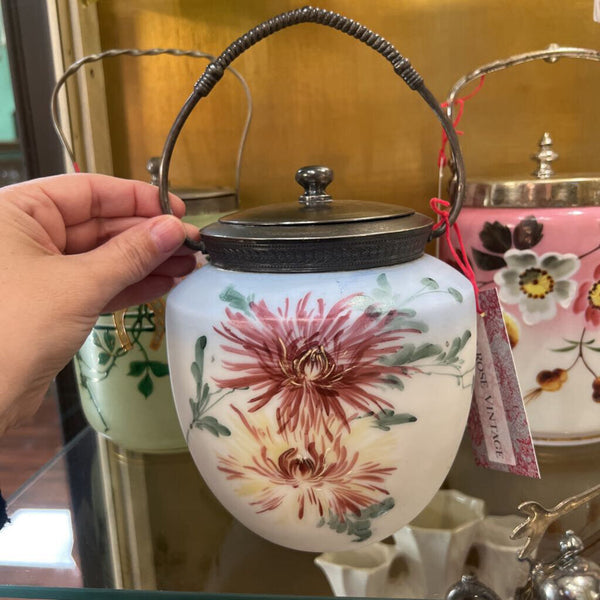 Antique Hand Painted Spider Mums Biscuit Jar