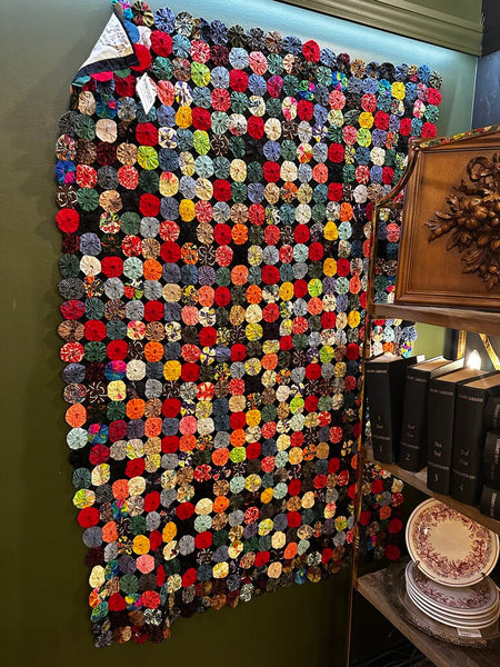 VINTAGE HANDSEWN YO-YO QUILT, PERSONALIZED PANEL ON BACK . 62" x 42"