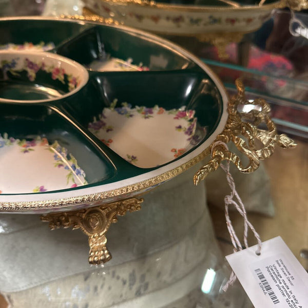 Vintage made in Italy ALFA Ceramiche ormolu encased Porcelain platter 12x20"
