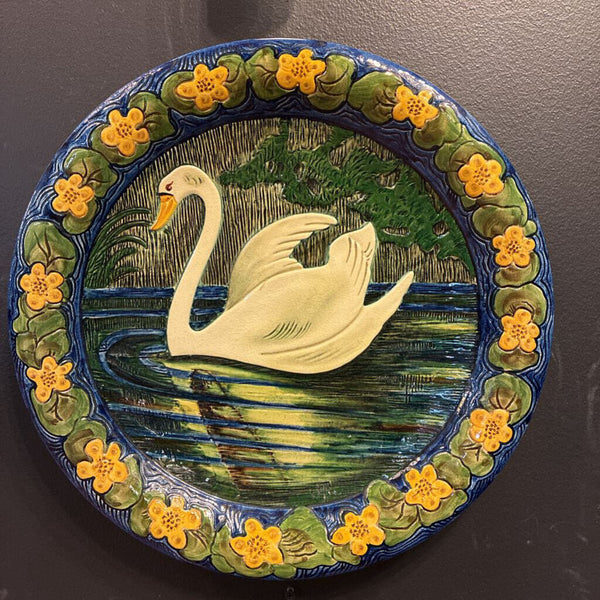 Vintage Hans Thoma Swan Pottery Hanging Plate 15" diameter