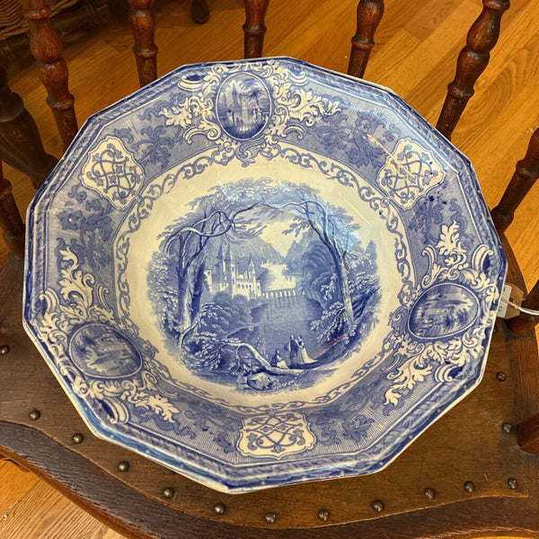 Antique E Challinor "Panama" Blue Transferware Bowl 14"w x 5'h