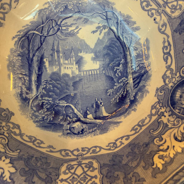 Antique E Challinor "Panama" Blue Transferware Bowl 14"w x 5'h