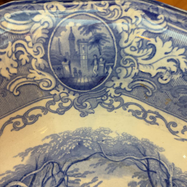 Antique E Challinor "Panama" Blue Transferware Bowl 14"w x 5'h