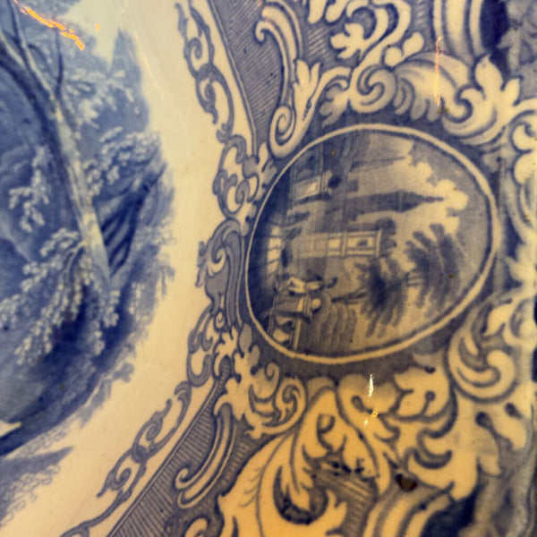 Antique E Challinor "Panama" Blue Transferware Bowl 14"w x 5'h