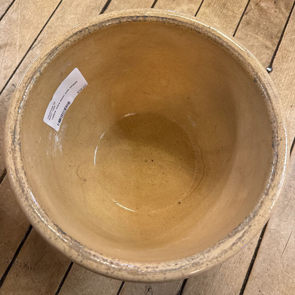 Yellow Watt ware eve-n-ware bowl with stripes. 5" H 8" Diameter at top of bowl