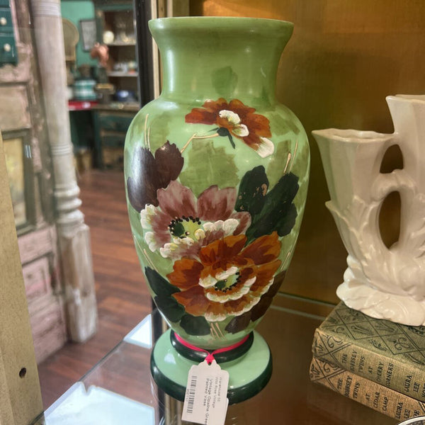 Vintage Opaline Green Hand Painted Vase